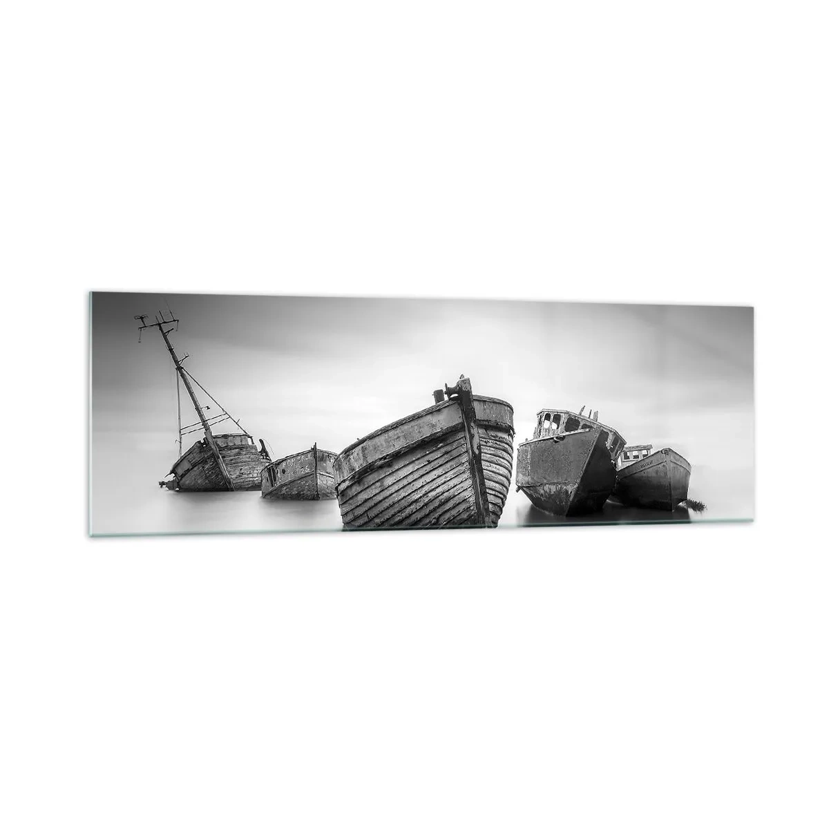 Quadro su vetro - Barche abbandonate in acque calme - 160x50cm - Sono solo ricordi... - Decorazione murale moderna per soggiorno e camera da letto ARTTOR