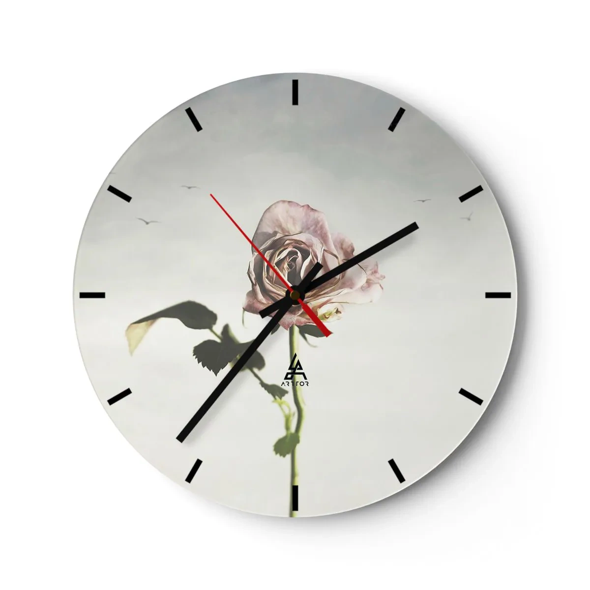Orologio da parete - Orologio in Vetro - Una rosa delicata su uno sfondo chiaro con uccelli in lontananza - 30x30cm - Il benvenuto alla primavera - Decorazione murale moderna per soggiorno, cucina e camera da letto ARTTOR