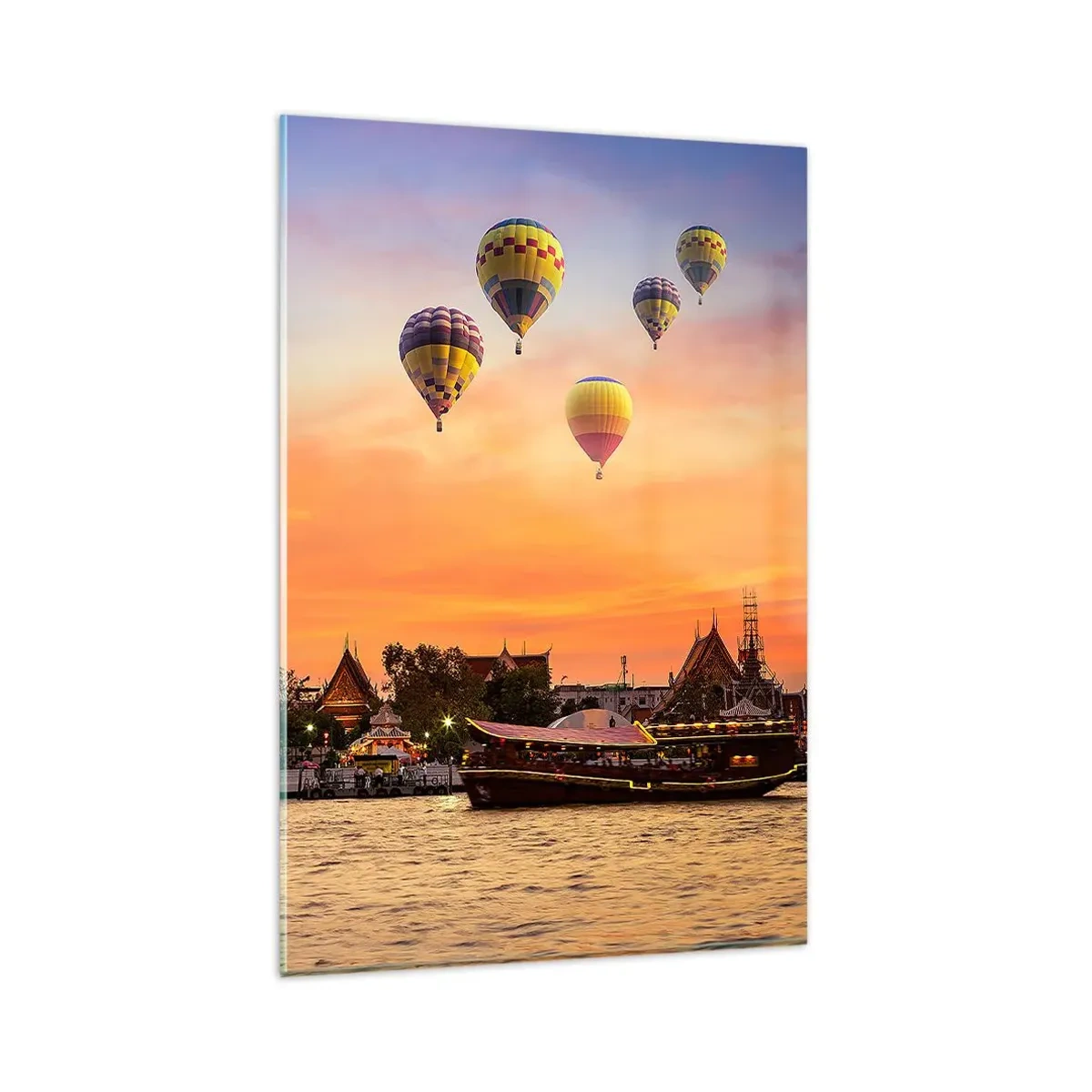 Quadro su vetro - Un tempio e palloncini sullo sfondo del sole al tramonto sul fiume - 80x120cm - Qui nascono le favole - Decorazione murale moderna per soggiorno e camera da letto ARTTOR