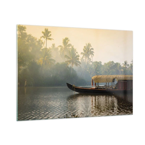 Quadro su vetro - Una barca su un fiume calmo circondata da palme al mattino - 100x70cm - Casa sul fiume - Decorazione murale moderna per soggiorno e camera da letto ARTTOR