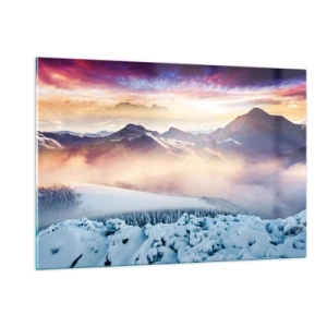 Quadro su vetro - Paesaggio montano invernale con sole al tramonto e nebbia - 120x80cm - Forza e purezza della natura - Decorazione murale moderna per soggiorno e camera da letto ARTTOR