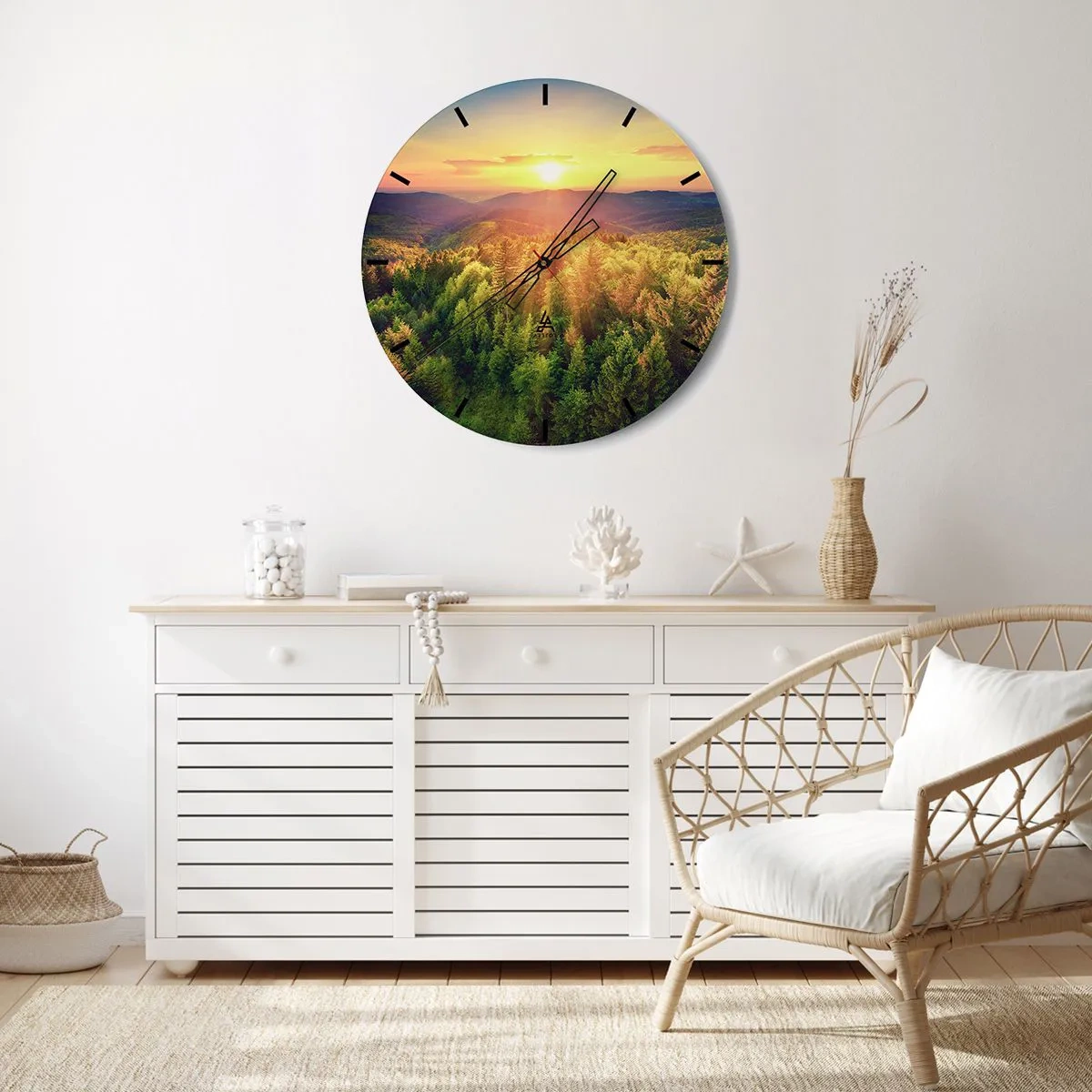 Orologio da parete - Orologio in Vetro - Paesaggio montano con il sole al tramonto e le foreste - 30x30cm - Vette e cime - Decorazione murale moderna per soggiorno, cucina e camera da letto ARTTOR