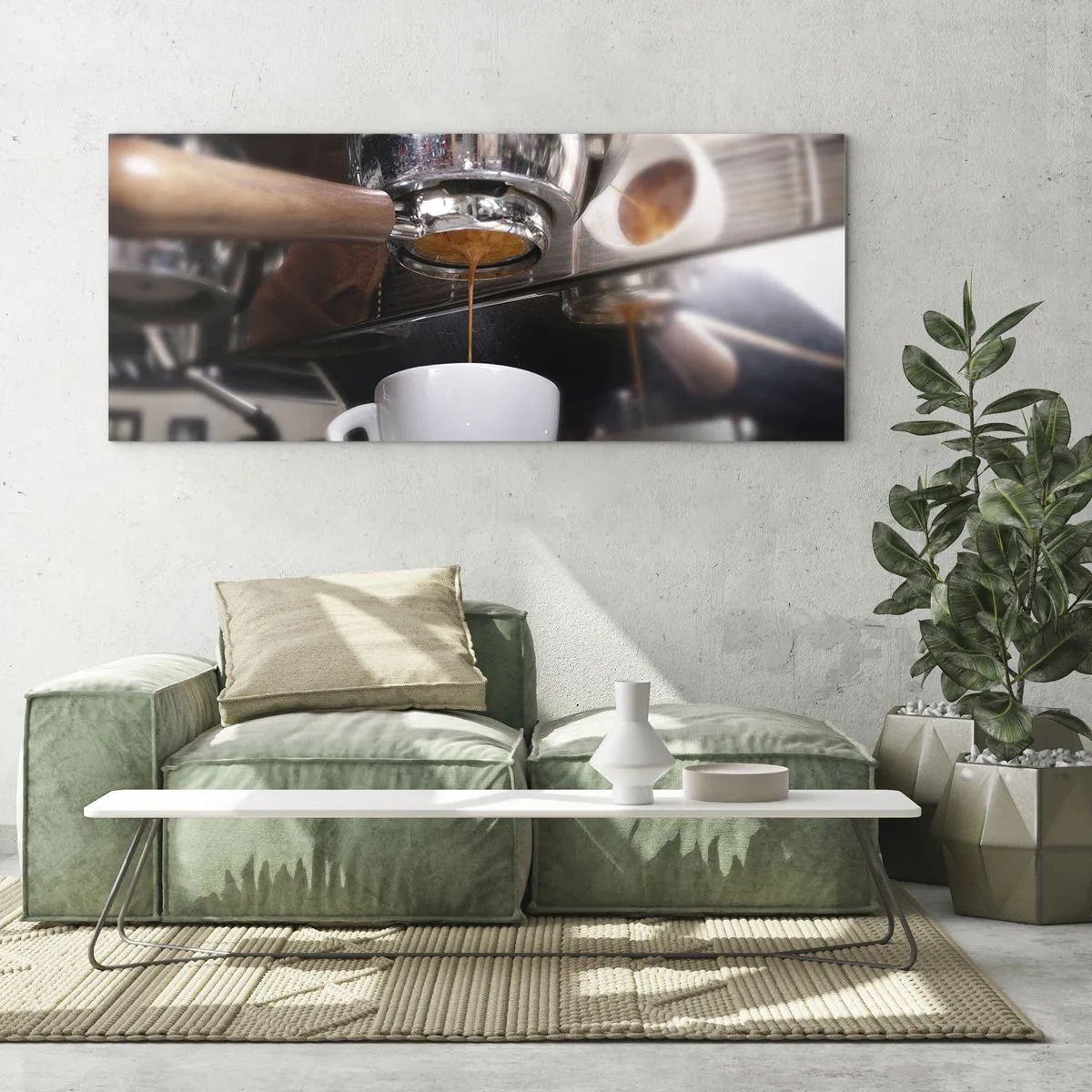 Quadro su vetro - Primo piano di una macchina da caffè che prepara un espresso fresco - 120x50cm - Il miglior momento della giornata - Decorazione murale moderna per soggiorno e camera da letto ARTTOR