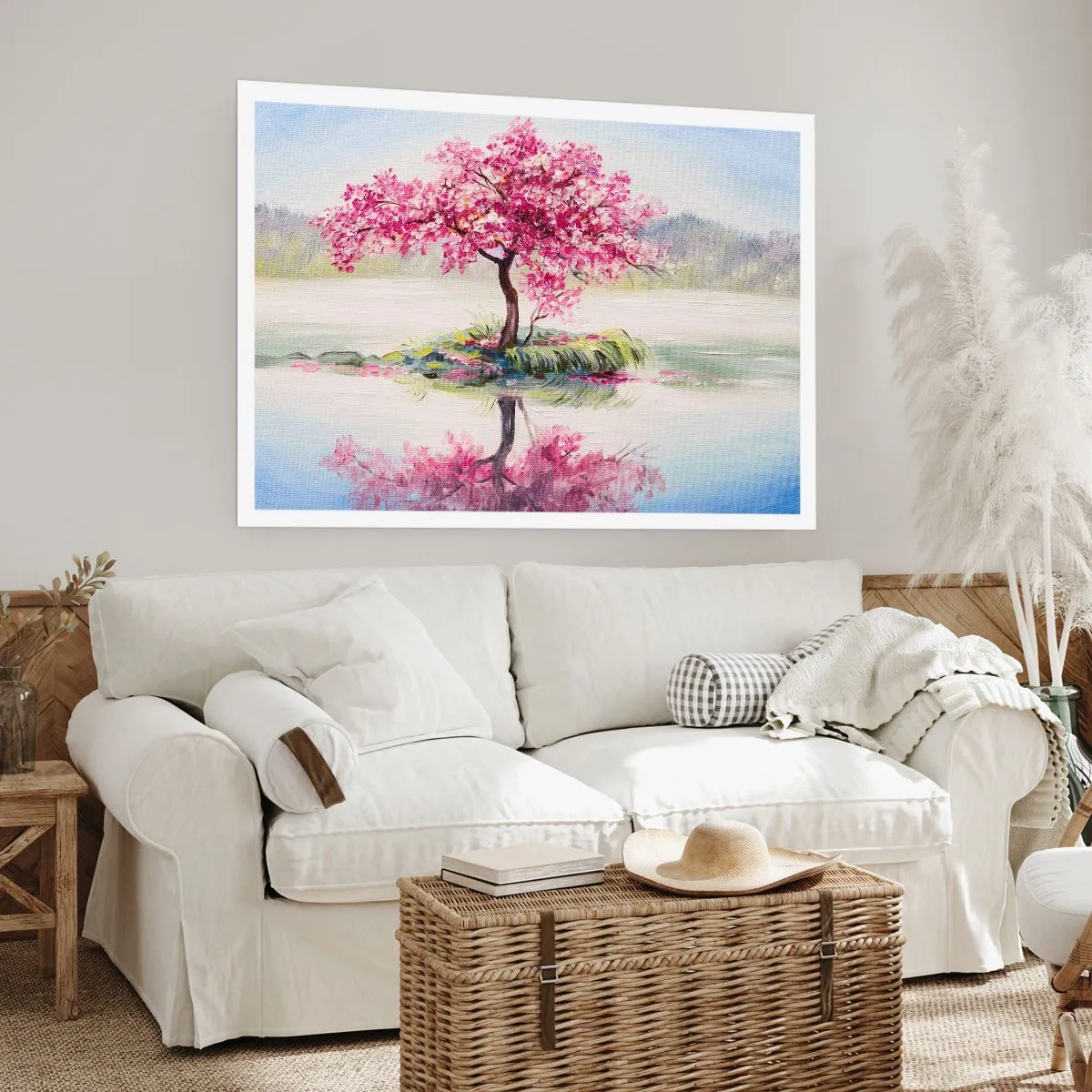 Poster - Un albero in fiore sull'acqua ferma - 100x70cm - La festa della primavera - Decorazione murale moderna per soggiorno e camera da letto ARTTOR