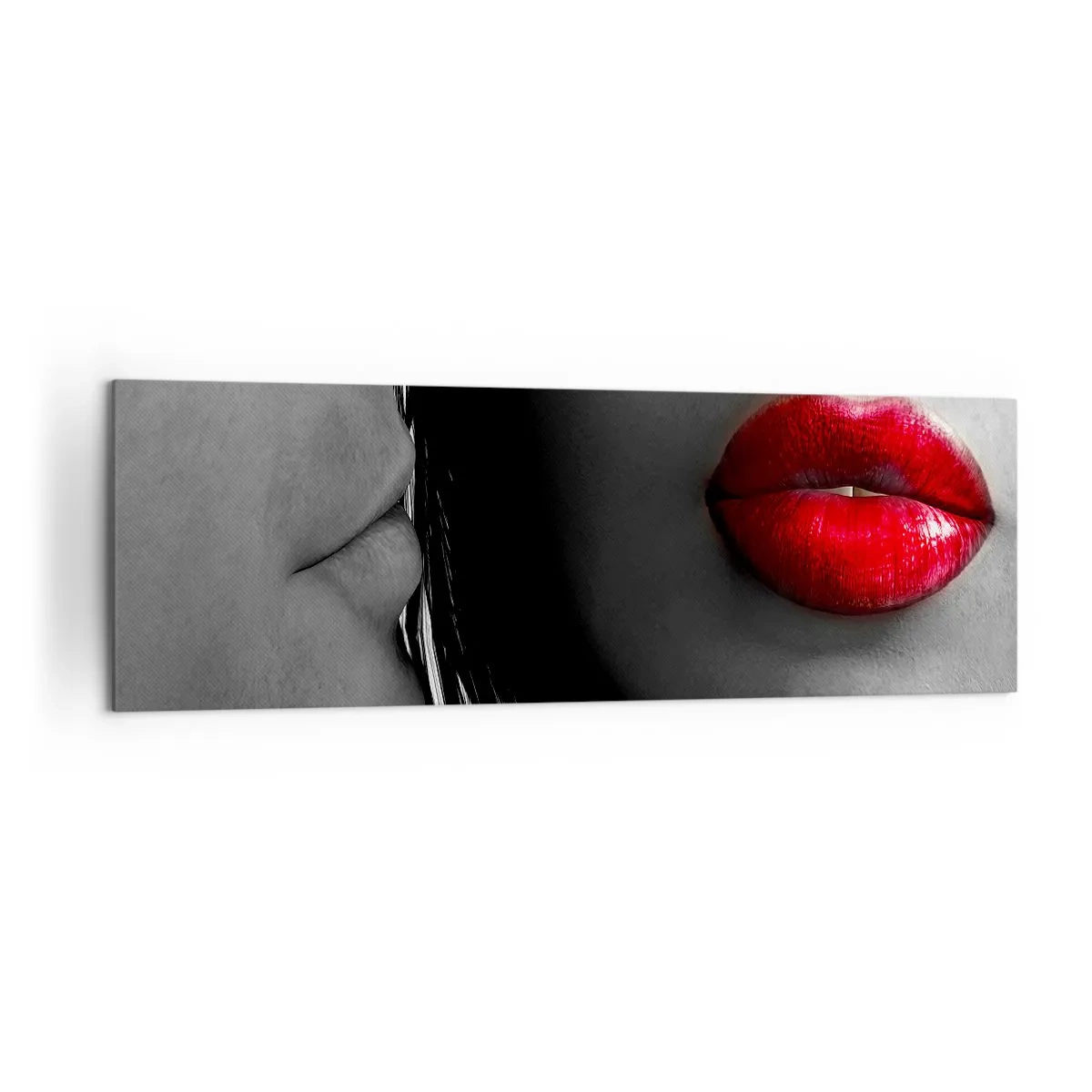 Quadro su tela - Stampe su Tela - Primo piano dei volti di una donna e di un uomo con le labbra rosse. - 160x50cm - Volto accanto al volto  - Decorazione murale moderna per soggiorno e camera da letto ARTTOR