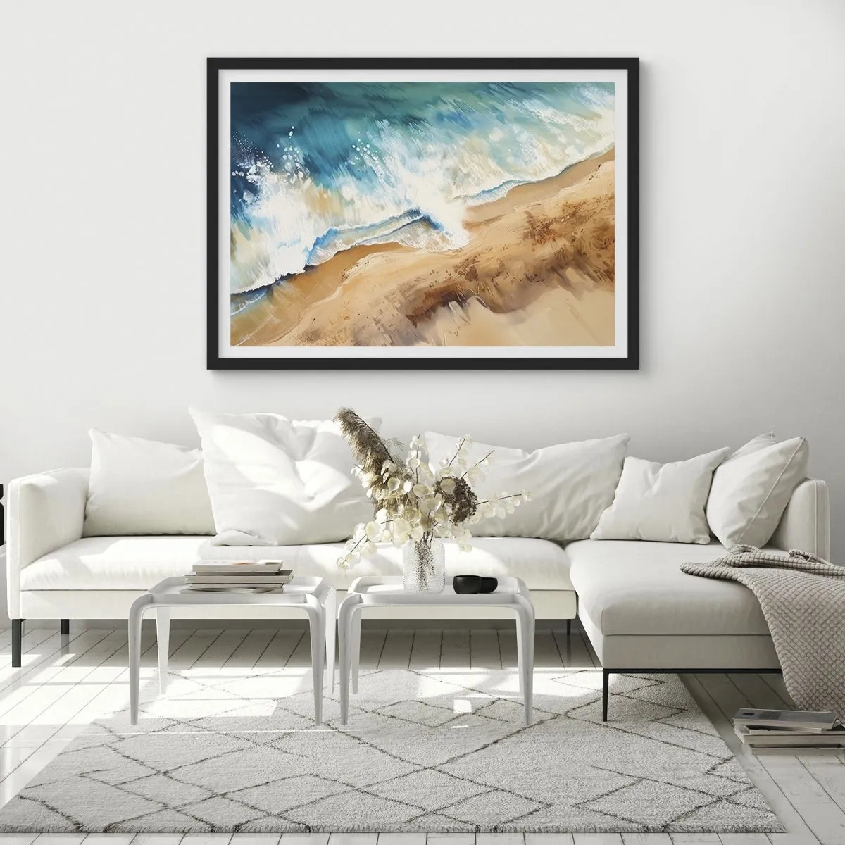 Poster in cornice nera - Un'onda del mare che si infrange contro la riva sabbiosa - 70x50cm - L'onda che ritorna - Decorazione murale moderna per soggiorno e camera da letto ARTTOR