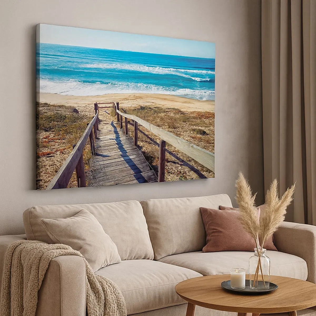 Quadro su tela - Stampe su Tela - Sentiero in legno che conduce alla spiaggia - 70x50cm - Corri! - Decorazione murale moderna per soggiorno e camera da letto ARTTOR