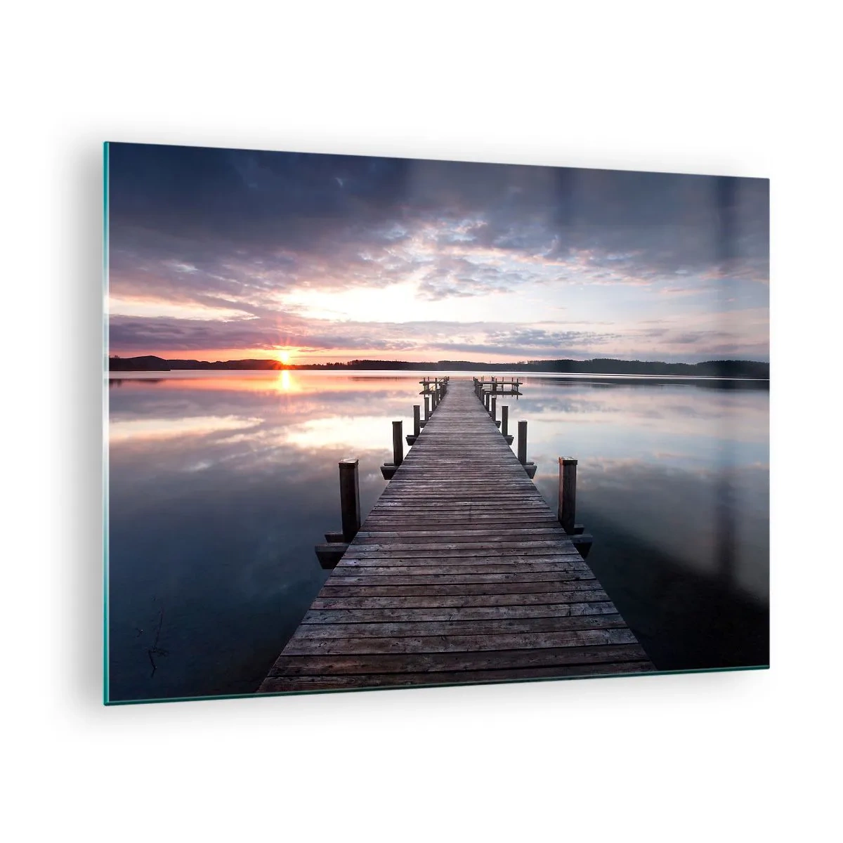Quadro su vetro - Molo di legno sul lago al tramonto - 70x50cm - Il silenzioso confine del giorno e della notte - Decorazione murale moderna per soggiorno e camera da letto ARTTOR