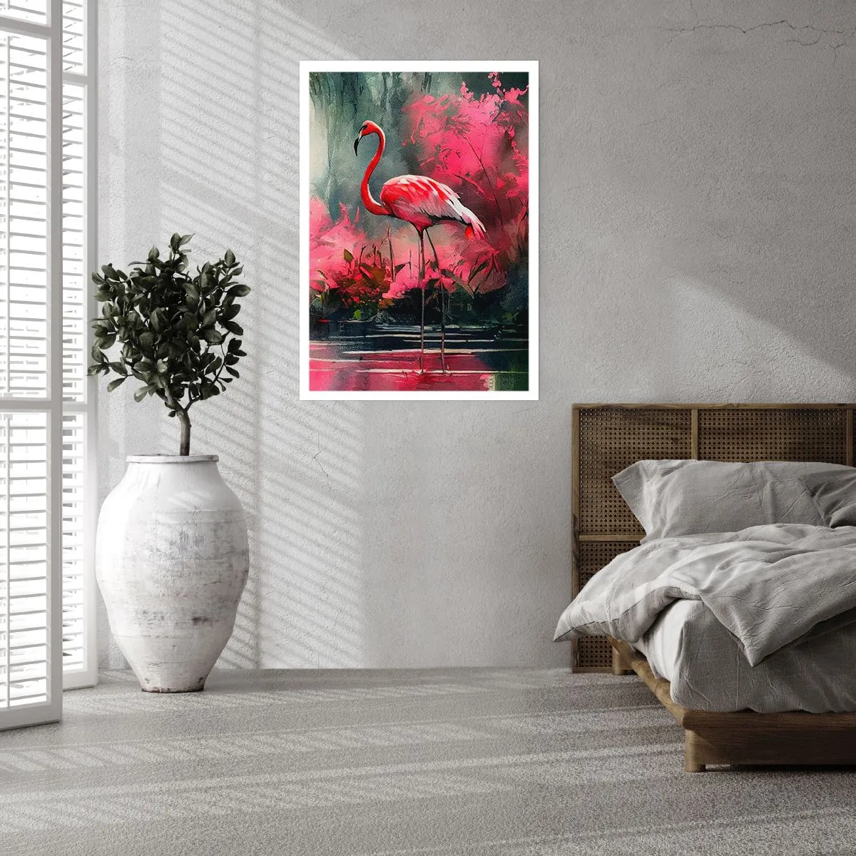 Poster - Un fenicottero circondato da vegetazione rosa in riva all'acqua - 50x70cm - Lezione di naturale eleganza - Decorazione murale moderna per soggiorno e camera da letto ARTTOR