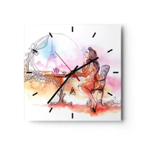 Orologio da parete - Orologio in Vetro - Acquerello romantico di una donna in un caffè con vista su una torre - 30x30cm - Chic parigino - Decorazione murale moderna per soggiorno e camera da letto ARTTOR