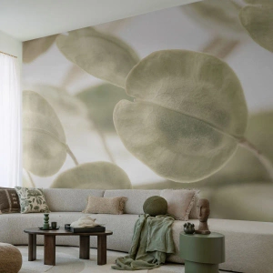 Fotomurali Premium Canvas - Un delicato dipinto di foglie in tonalità pastello di verde su uno sfondo chiaro. - 100x70cm - All'inizio vi erano le foglie... - Decorazione murale moderna per soggiorno e camera da letto ARTTOR