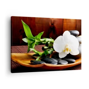 Quadro su tela - Stampe su Tela - Orchidea bianca con bambù su sfondo di pietra in stile Zen - 70x50cm - Lasciati toccare dalla natura - Decorazione murale moderna per soggiorno e camera da letto ARTTOR