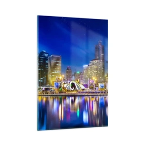 Quadro su vetro - Panorama notturno della città con luci riflesse sull'acqua - 80x120cm - Notte multicolore della metropoli - Decorazione murale moderna per soggiorno e camera da letto ARTTOR