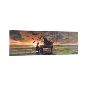 Quadro su vetro - Un pianoforte in riva al mare al tramonto con gli uccelli - 160x50cm - Concerto per pianoforte e onde - Decorazione murale moderna per soggiorno e camera da letto ARTTOR