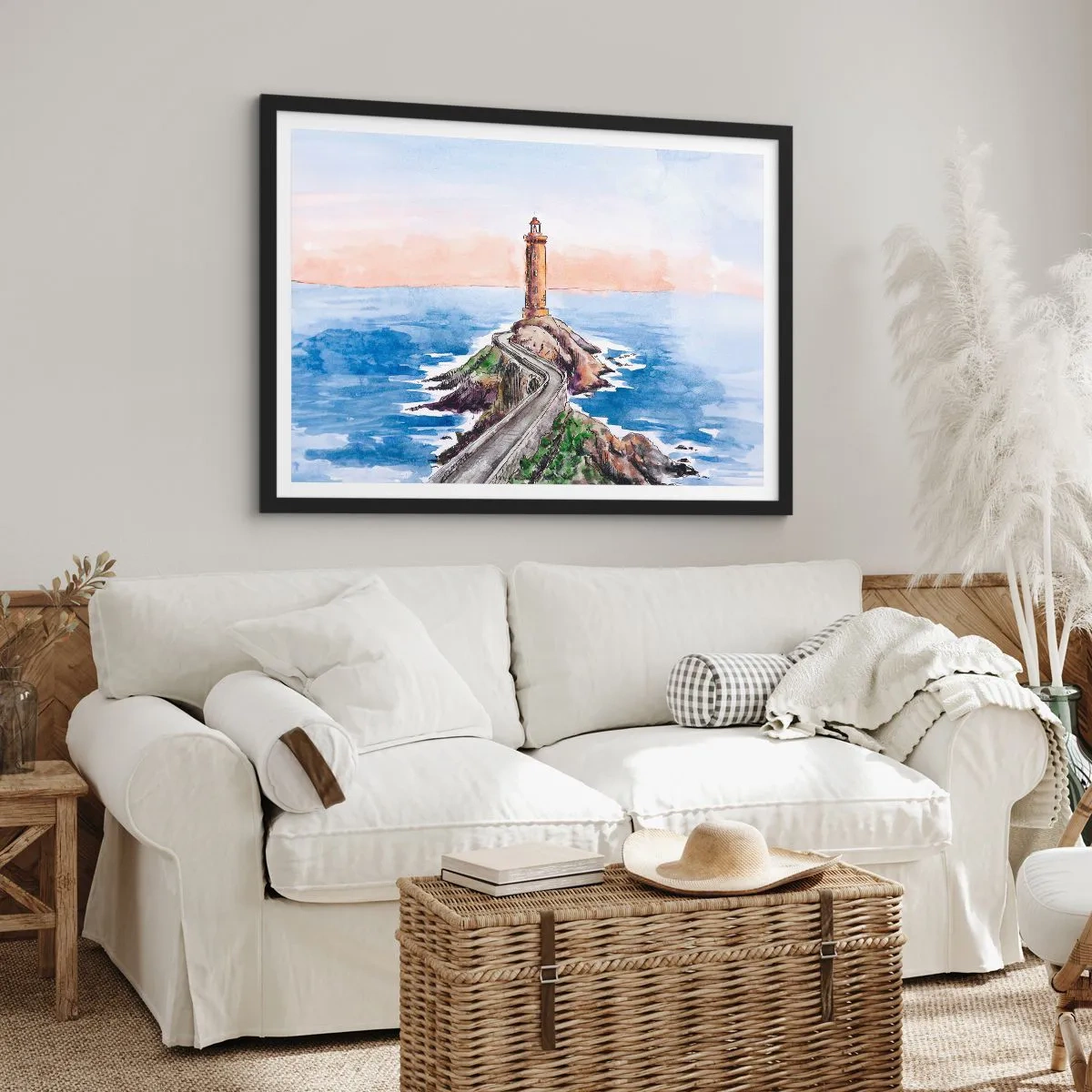 Poster in cornice nera - Un faro su una costa rocciosa - 70x50cm - Rivolto verso il mare - Decorazione murale moderna per soggiorno e camera da letto ARTTOR