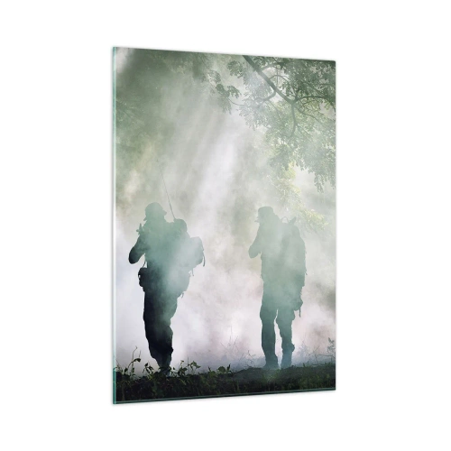 Quadro su vetro - Un gruppo di soldati in fumo, che camminano nella foresta, in piena allerta - 50x70cm - Uno per tutti… - Decorazione murale moderna per soggiorno e camera da letto ARTTOR