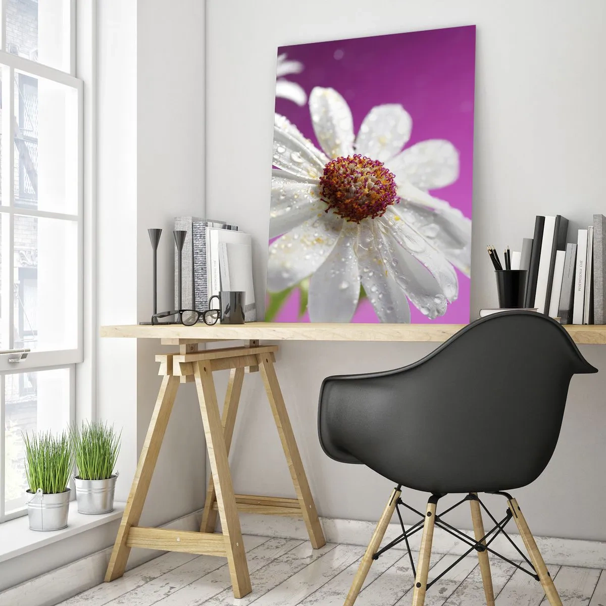Quadro su vetro - Macrofotografia di un fiore bianco con gocce di rugiada su uno sfondo rosa - 50x70cm - Modesto nella sua bellezza - Decorazione murale moderna per soggiorno e camera da letto ARTTOR