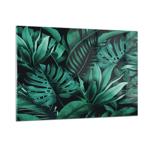 Quadro su vetro - Lussureggianti foglie verdi in una composizione tropicale - 120x80cm - Dal profondo del verde tropicale - Decorazione murale moderna per soggiorno e camera da letto ARTTOR