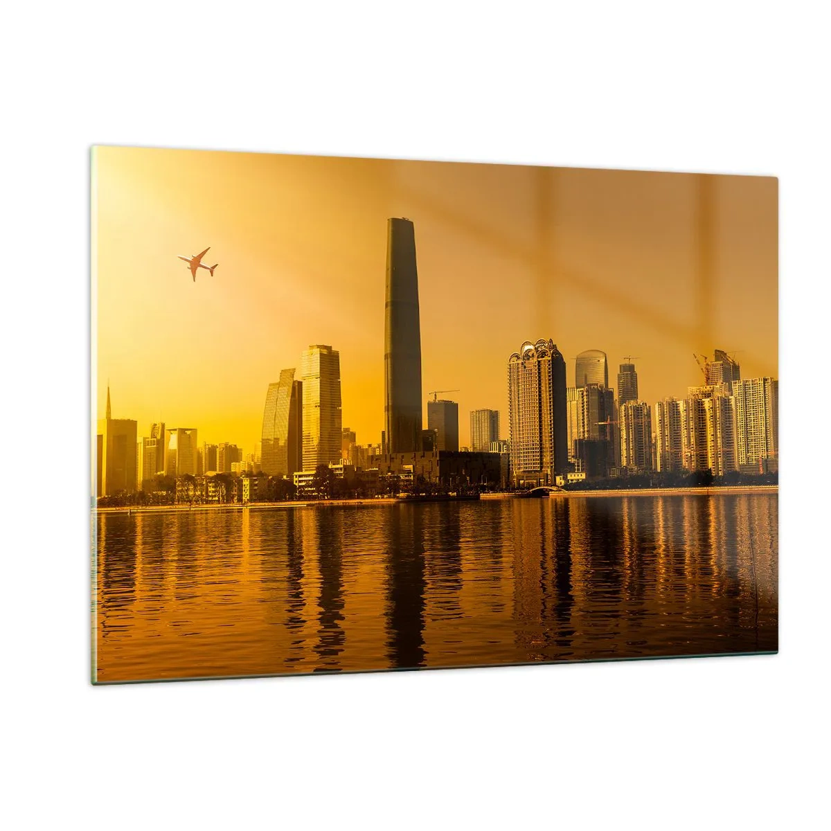 Quadro su vetro - Una città moderna con grattacieli al tramonto - 120x80cm - Città d'oro - Decorazione murale moderna per soggiorno e camera da letto ARTTOR