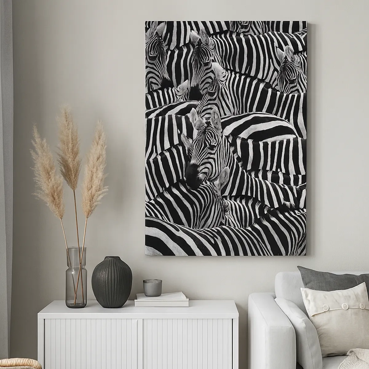 Quadro su tela - Stampe su Tela - Un gruppo di zebre con strisce bianche e nere che creano un motivo di simmetria. - 50x70cm - Ritratto collettivo a strisce - Decorazione murale moderna per soggiorno e camera da letto ARTTOR