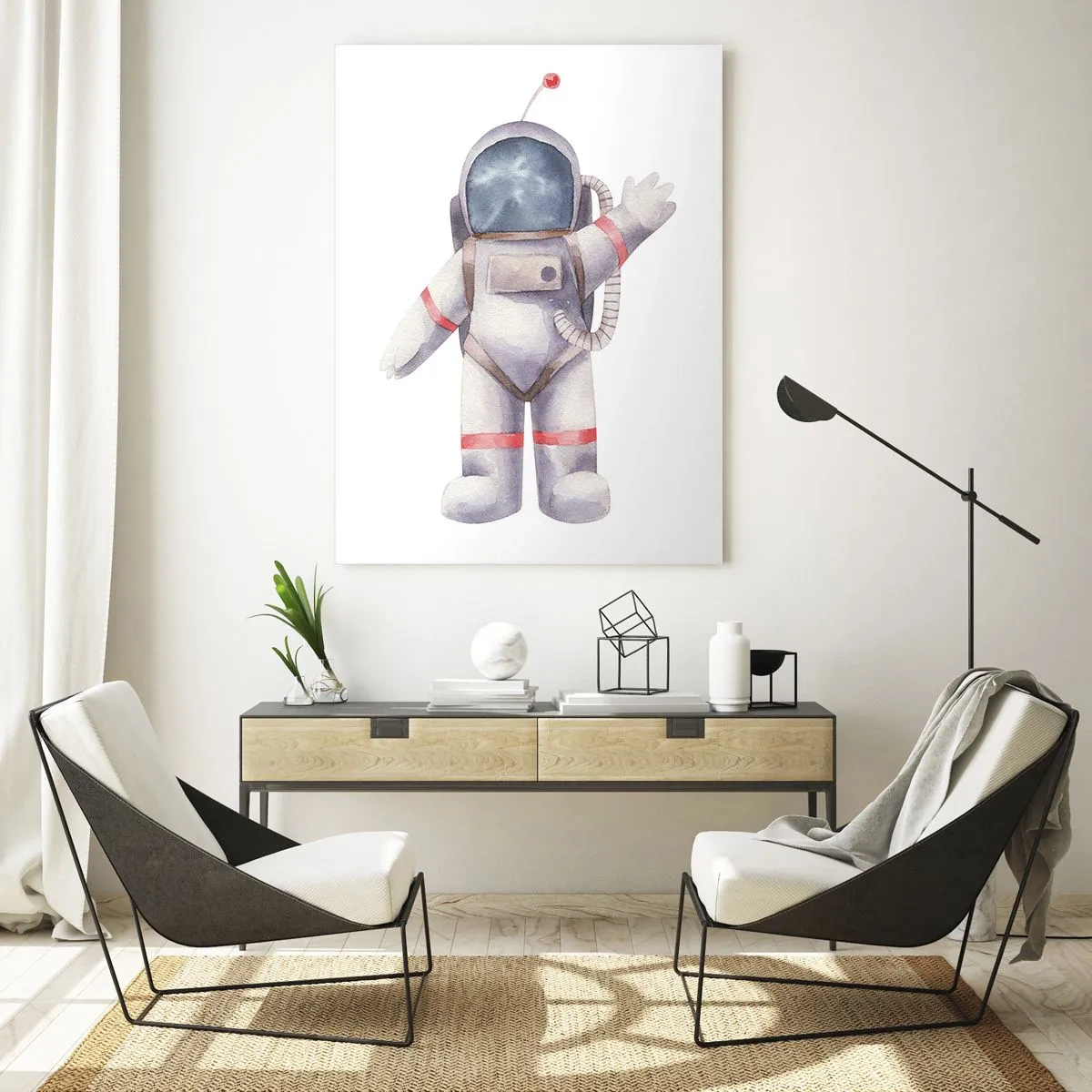 Quadro su vetro - Astronauta che saluta nello spazio - 50x70cm - Ci vediamo! - Decorazione murale moderna per soggiorno e camera da letto ARTTOR