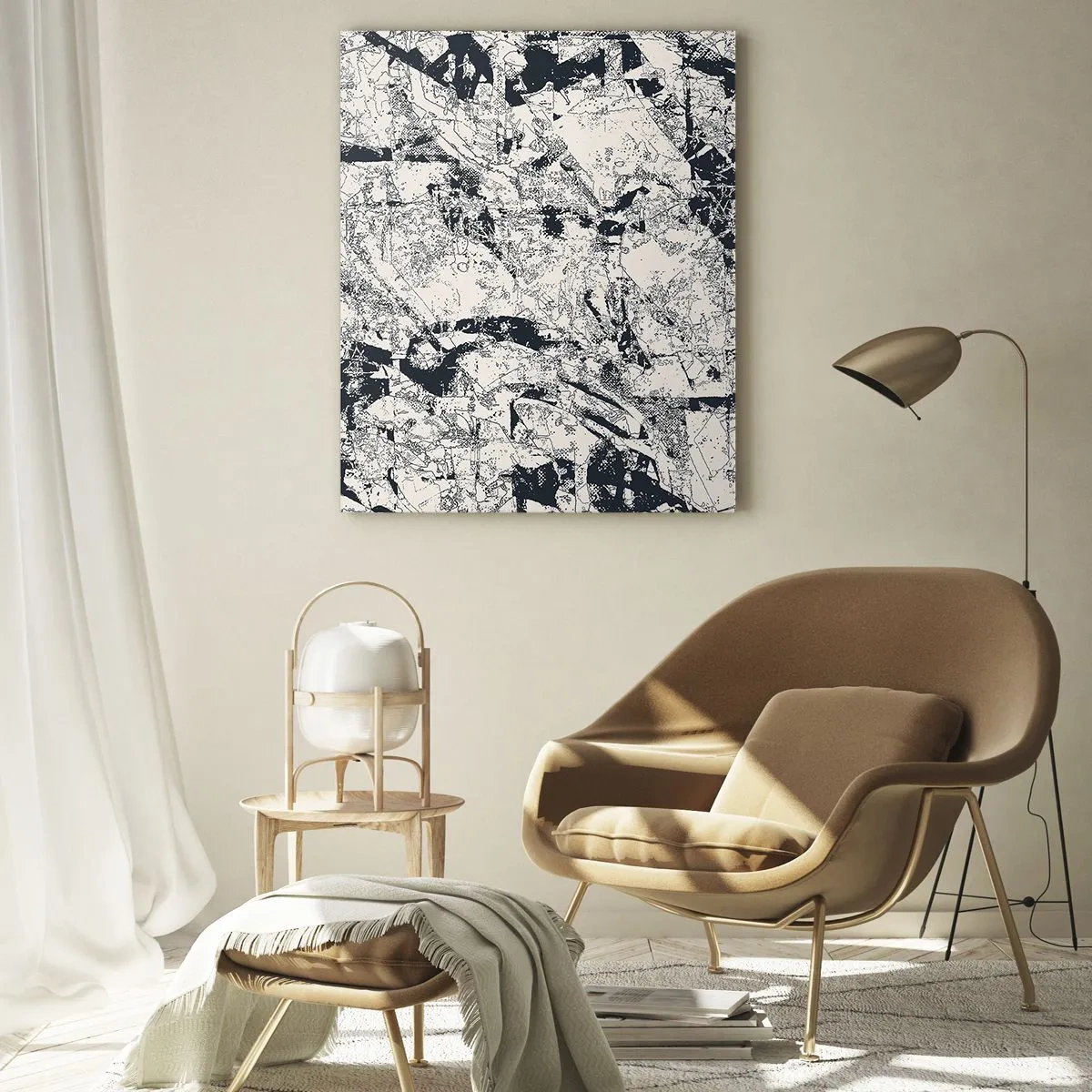 Quadro su vetro - Astrazione in bianco e nero con linee e texture dinamiche - 50x70cm - La compenetrazione degli opposti - Decorazione murale moderna per soggiorno e camera da letto ARTTOR