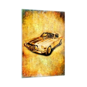 Quadro su vetro - Auto sportiva classica con uno sfondo vintage - 50x70cm - I folli anni '70 - Decorazione murale moderna per soggiorno e camera da letto ARTTOR