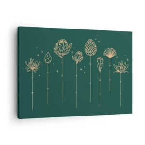 Quadro su tela - Stampe su Tela - Disegni dorati di erbe su sfondo verde scuro - 70x50cm - La famiglia delle erbe - Decorazione murale moderna per soggiorno e camera da letto ARTTOR