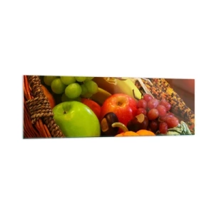 Quadro su vetro - Un cesto di frutta, zucche e mais su uno sfondo di colori autunnali. - 160x50cm - Cesta dell'abbondanza - Decorazione murale moderna per soggiorno e camera da letto ARTTOR
