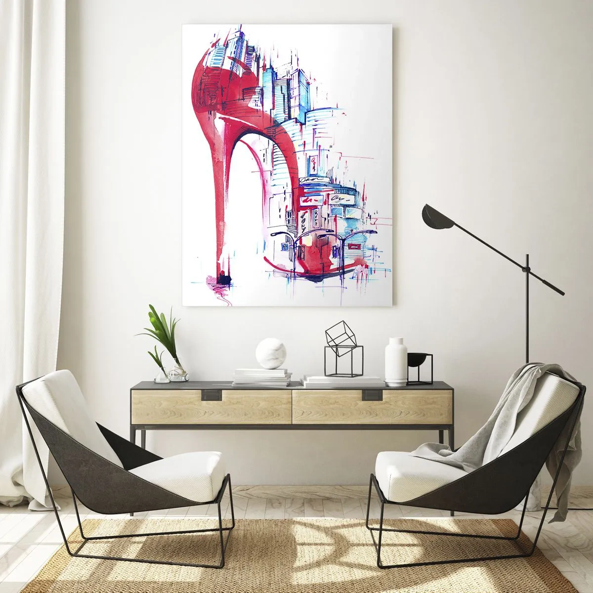 Quadro su vetro - Stiletto rosso con motivo di architettura urbana - 50x70cm - Elegante nella grande città - Decorazione murale moderna per soggiorno e camera da letto ARTTOR