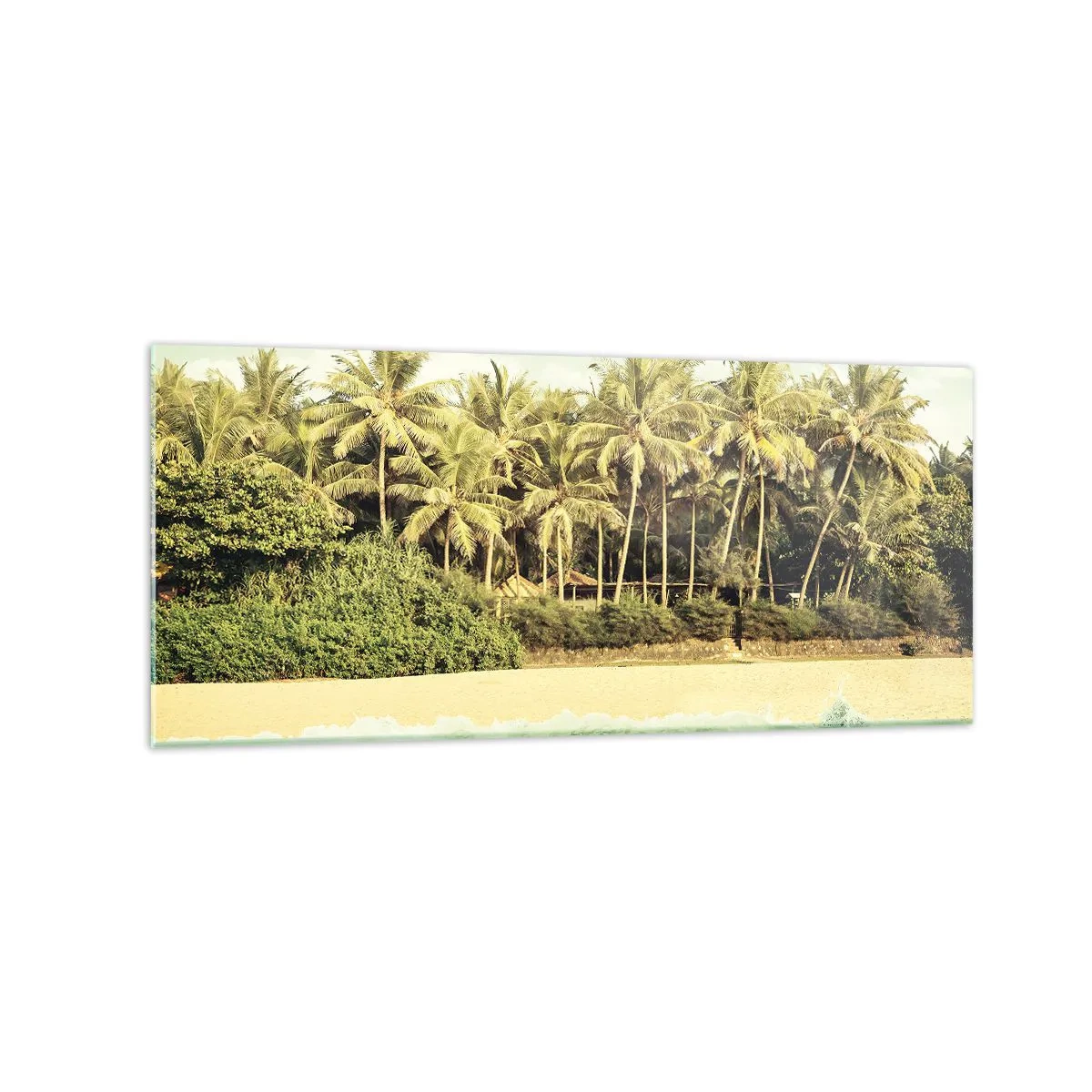 Quadro su vetro - Spiaggia tropicale con palme e mare turchese - 120x50cm - Forse qui? - Decorazione murale moderna per soggiorno e camera da letto ARTTOR