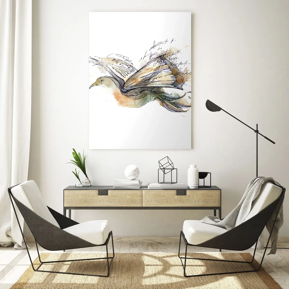 Quadro su vetro - Dipinto artistico ad acquerello di un uccello con un libro come ali - 70x100cm - Sulle ali della poesia - Decorazione murale moderna per soggiorno e camera da letto ARTTOR