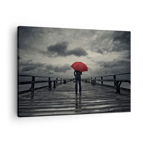 Quadro su tela - Stampe su Tela - Una persona con un ombrello rosso su un molo piovoso - 70x50cm - Non importa che piove - Decorazione murale moderna per soggiorno e camera da letto ARTTOR