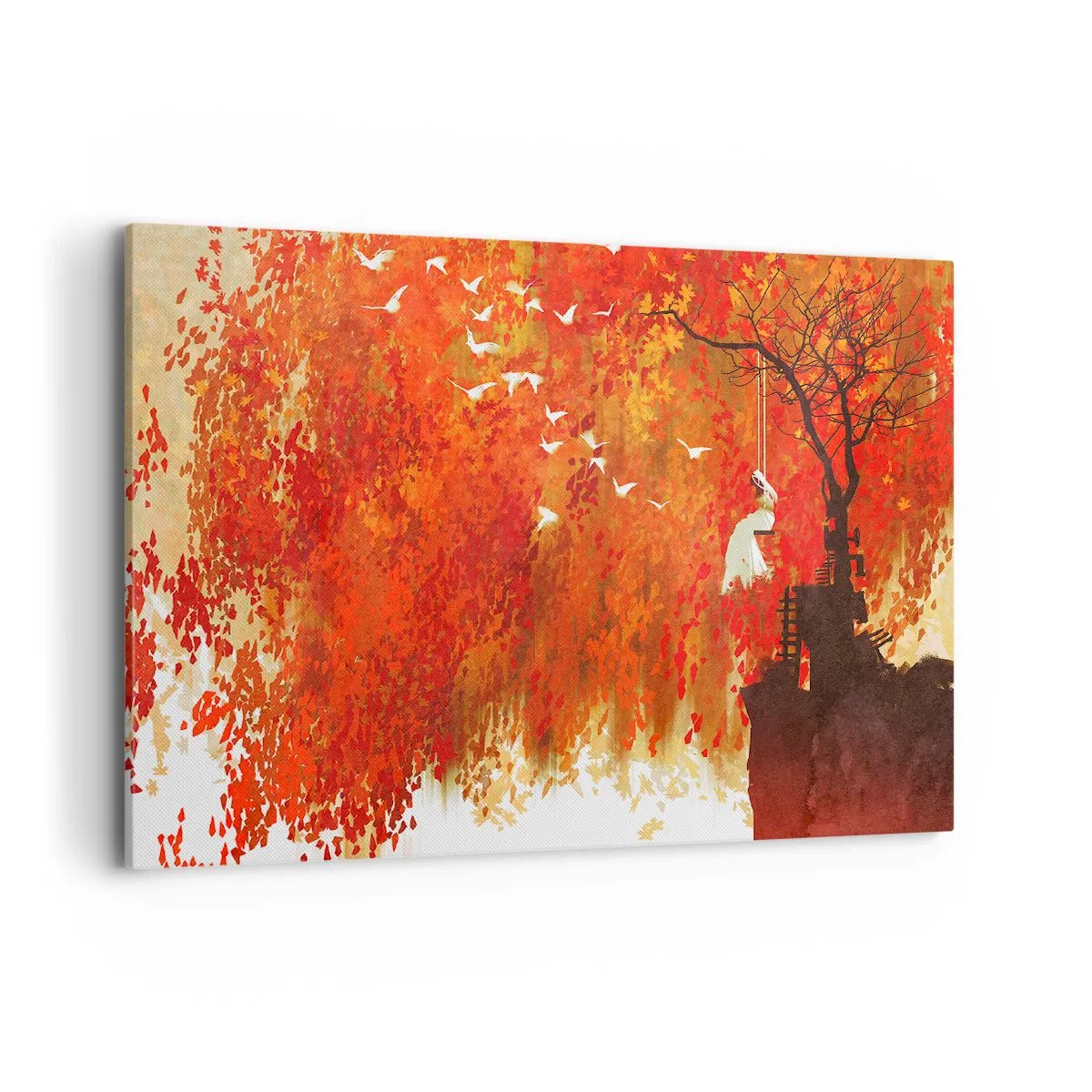 Quadro su tela - Stampe su Tela - Una figura su un'altalena vicino a un albero circondata da foglie rosse - 100x70cm - Voli con noi? - Decorazione murale moderna per soggiorno e camera da letto ARTTOR