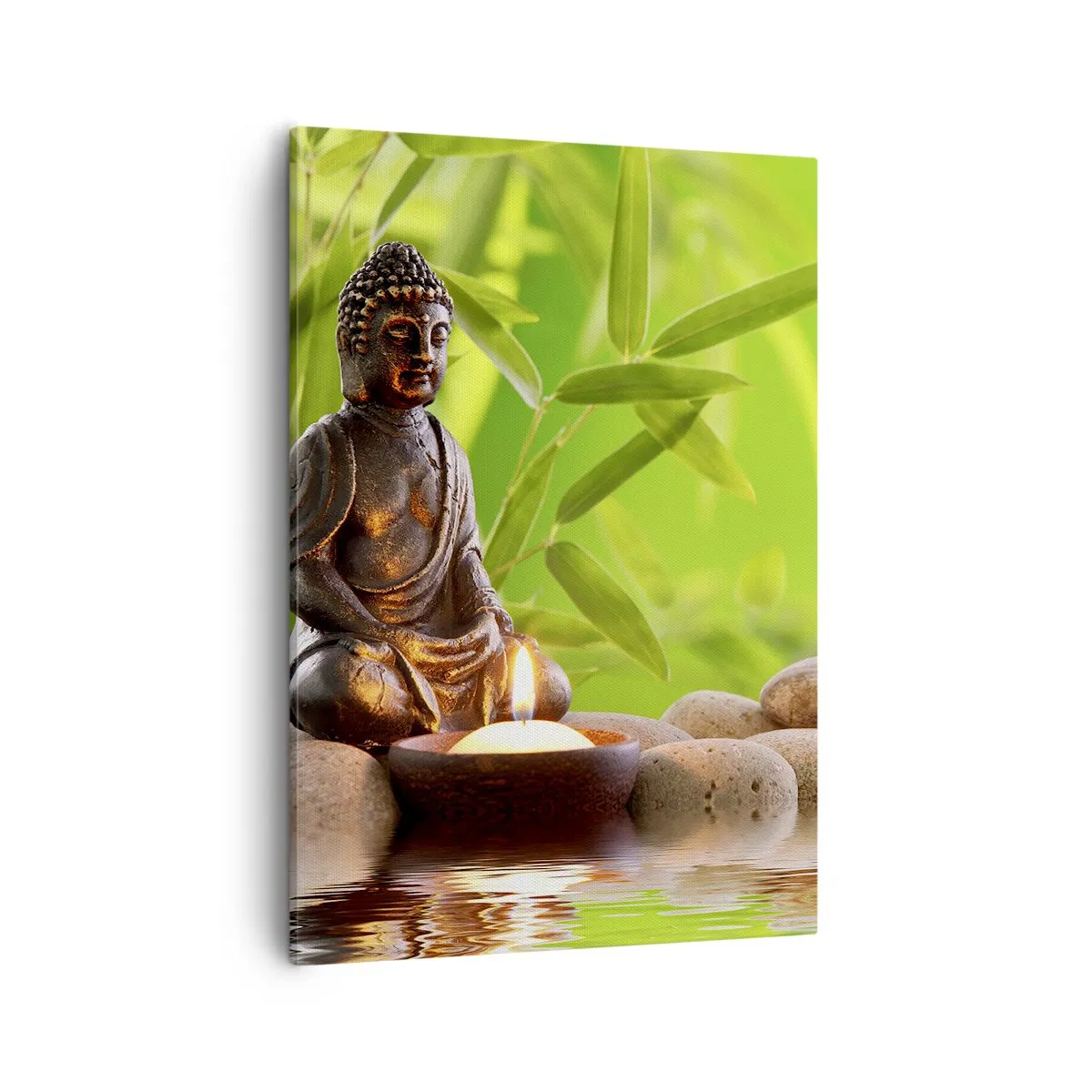 Quadro su tela - Stampe su Tela - Figura di Buddha con pietre e una candela su uno sfondo di bambù - 50x70cm - La vita è bella - Decorazione murale moderna per soggiorno e camera da letto ARTTOR