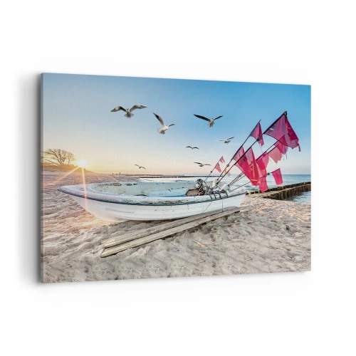 Quadro su tela - Stampe su Tela - Una barca sulla spiaggia all'alba con gabbiani e bandiere rosse - 100x70cm - Meritato riposo - Decorazione murale moderna per soggiorno e camera da letto ARTTOR