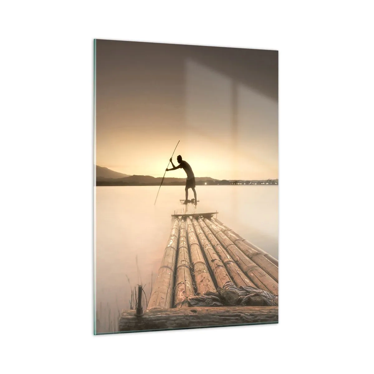 Quadro su vetro - Un pescatore su una zattera di bambù al tramonto - 50x70cm - Prima del riposo - Decorazione murale moderna per soggiorno e camera da letto ARTTOR