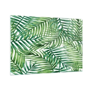 Quadro su vetro - Foglie di palma verdi su sfondo bianco che creano un motivo geometrico - 100x70cm - Sotto un baldacchino verde - Decorazione murale moderna per soggiorno e camera da letto ARTTOR