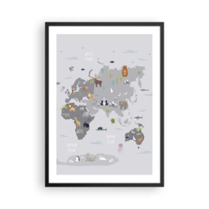 Poster in cornice nera - Mappa del mondo con animali colorati per bambini - 50x70cm - Dimmi di dove sei... - Decorazione murale moderna per soggiorno e camera da letto ARTTOR