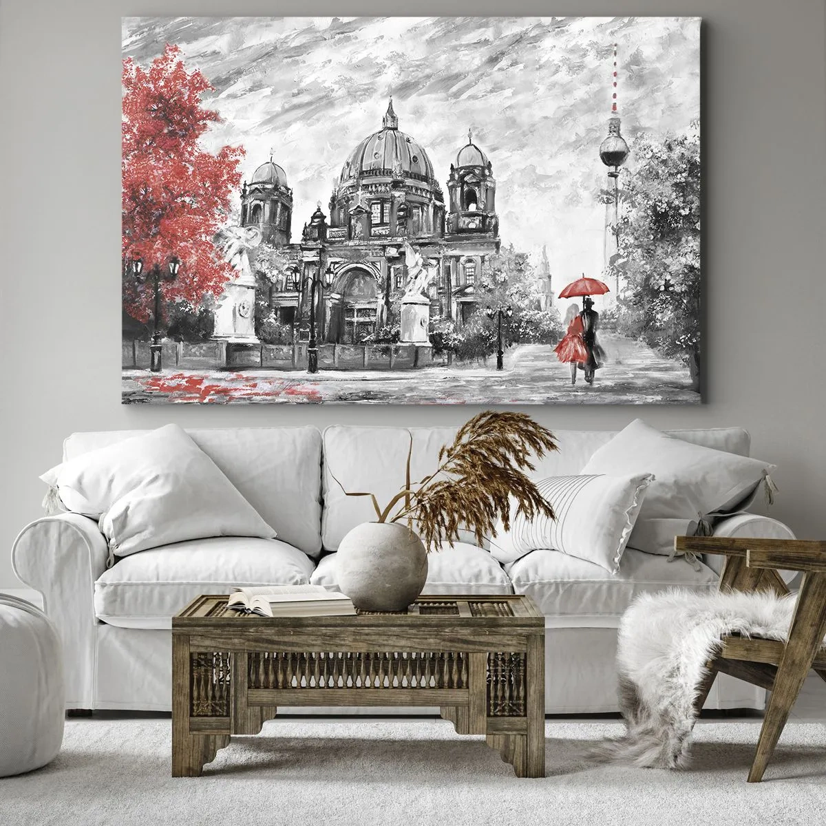 Quadro su tela - Stampe su Tela - Scena in bianco e nero con Berlino, un ombrello rosso e un albero - 70x50cm - Incontro a Berlino - Decorazione murale moderna per soggiorno e camera da letto ARTTOR