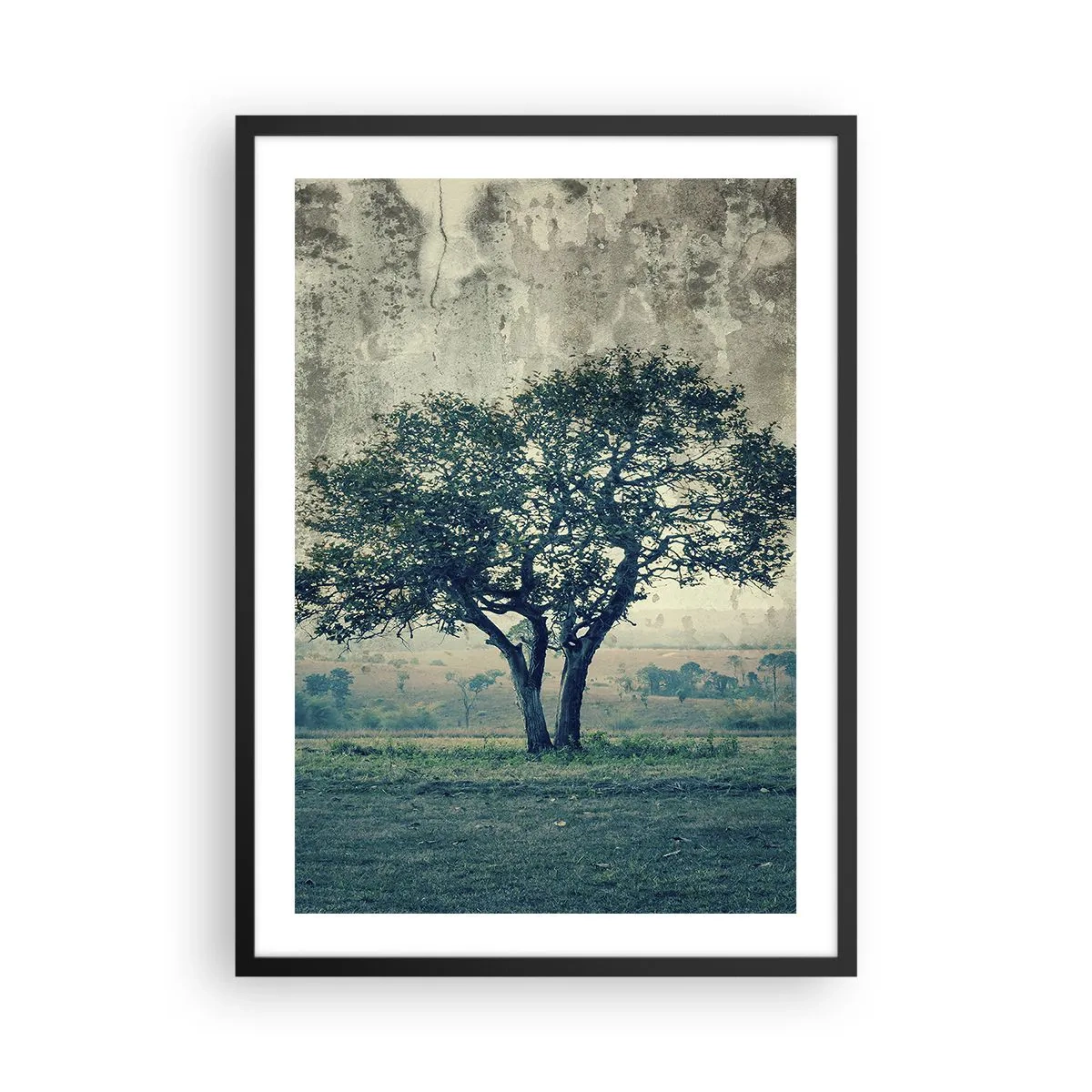 Poster in cornice nera - Un albero solitario in un paesaggio rustico - 50x70cm - Un melo su un prato blu? - Decorazione murale moderna per soggiorno e camera da letto ARTTOR