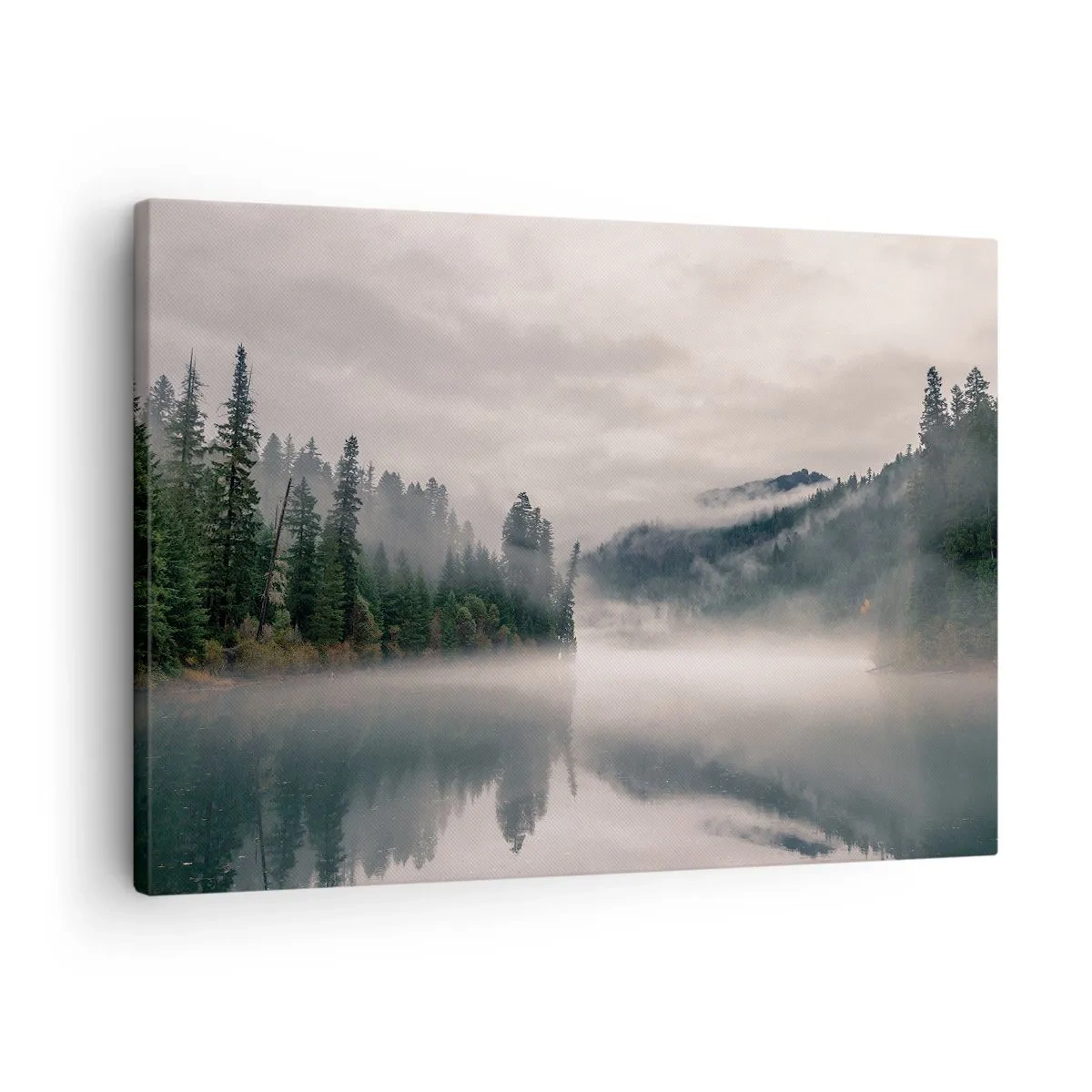 Quadro su tela - Stampe su Tela - Una foresta nebbiosa riflessa in un lago calmo - 70x50cm - Riflettendo nella nebbia - Decorazione murale moderna per soggiorno e camera da letto ARTTOR