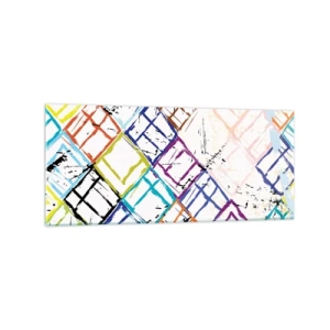 Quadro su vetro - Astrazione colorata con forme geometriche su sfondo bianco - 120x50cm - Cellule in affitto - Decorazione murale moderna per soggiorno e camera da letto ARTTOR