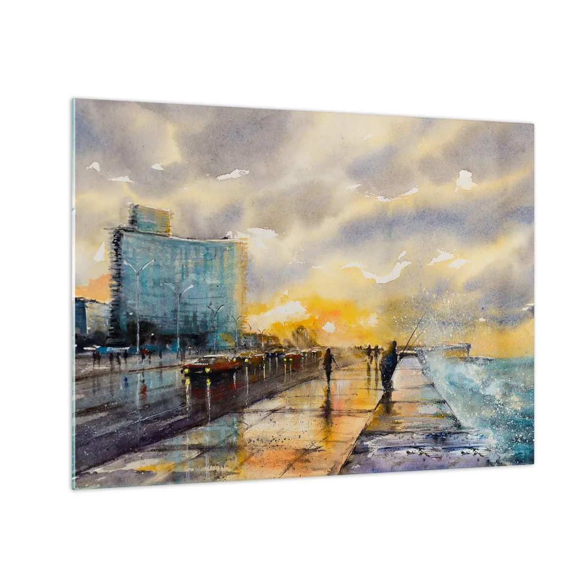 Quadro su vetro - Città di mare ad acquerello con tramonto - 70x50cm - Vita sulla costa - Decorazione murale moderna per soggiorno e camera da letto ARTTOR
