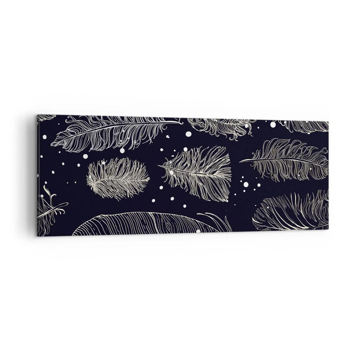 Quadro su tela - Stampe su Tela - Delicate piume bianche su sfondo blu navy - 140x50cm - Pizzo piumato - Decorazione murale moderna per soggiorno e camera da letto ARTTOR