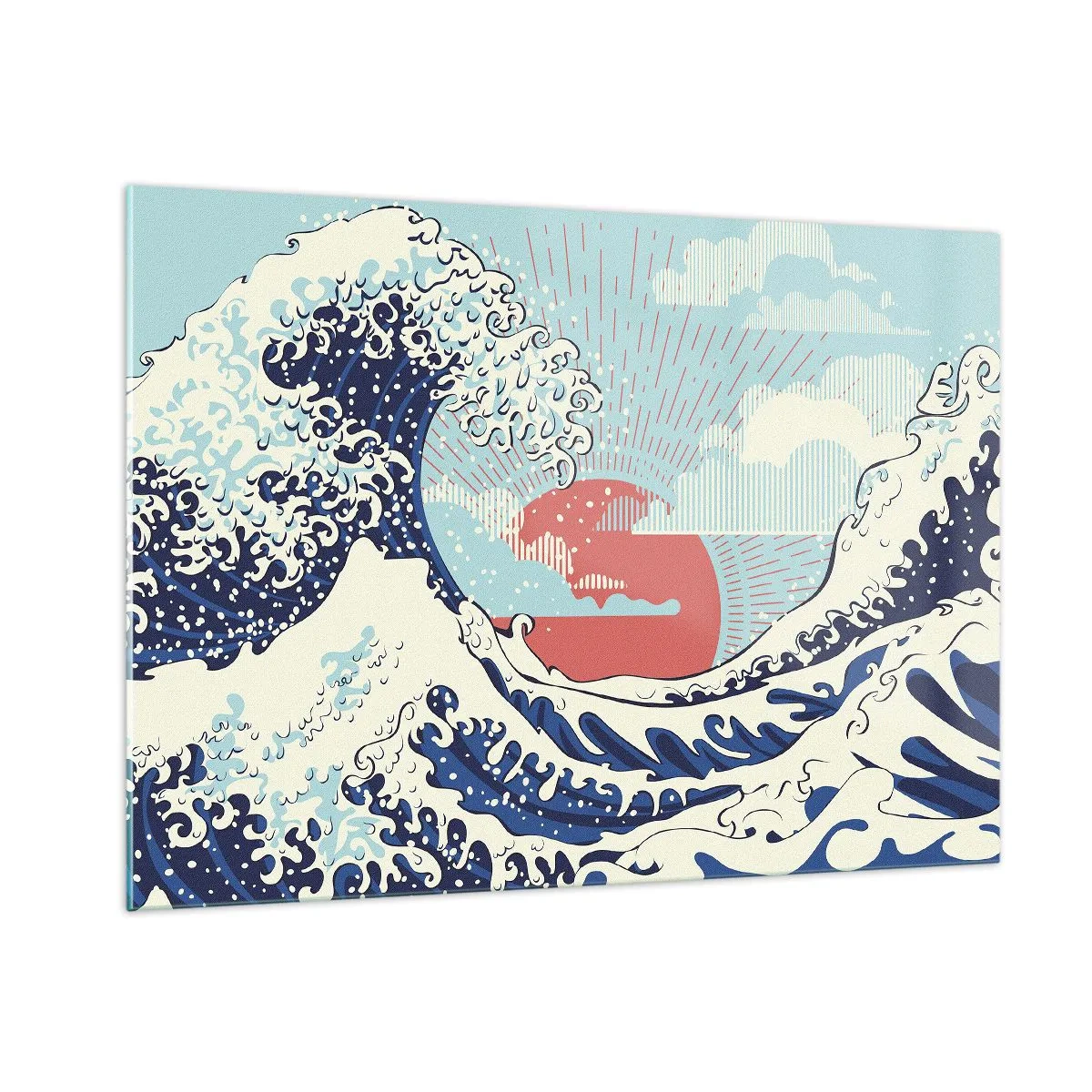 Quadro su vetro - Un'onda stilizzata ispirata all'arte giapponese - 100x70cm - Di ispirazione giapponese - Decorazione murale moderna per soggiorno e camera da letto ARTTOR