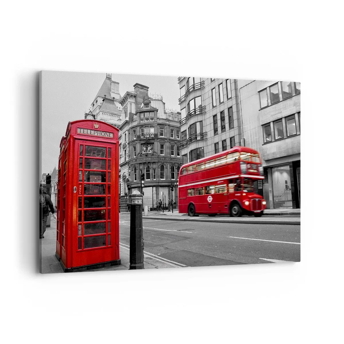 Quadro su tela - Stampe su Tela - Una cabina telefonica rossa e un autobus a due piani a Londra con la città sullo sfondo - 120x80cm - Il più rosso d'Europa - Decorazione murale moderna per soggiorno e camera da letto ARTTOR