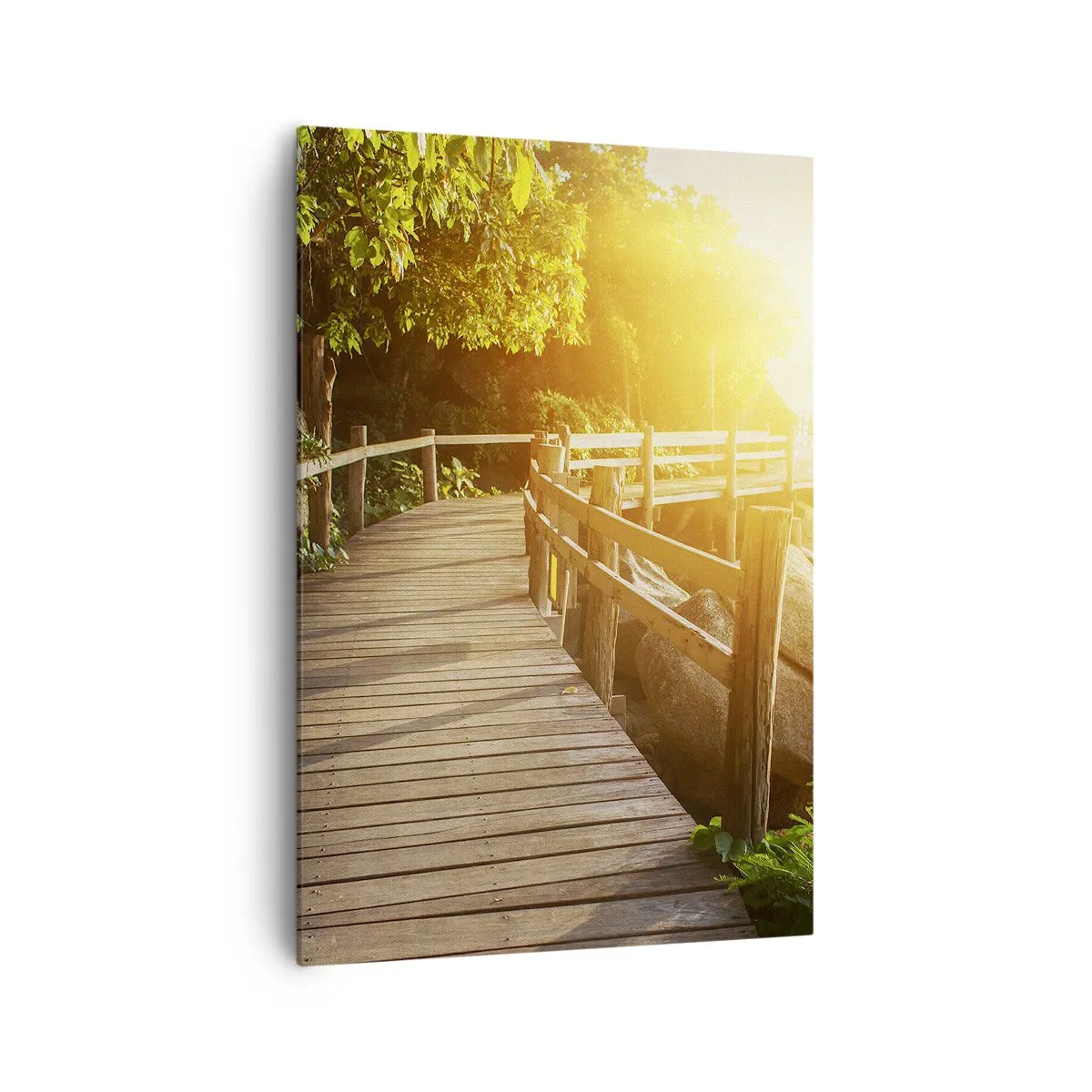 Quadro su tela - Stampe su Tela - Un ponte di legno tra il verde che conduce al mare sotto i raggi del sole - 70x100cm - Altra curva, altre meraviglie - Decorazione murale moderna per soggiorno e camera da letto ARTTOR