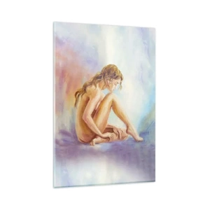 Quadro su vetro - Una delicata figura di donna su uno sfondo pastello - 80x120cm - Nudo di giovane - Decorazione murale moderna per soggiorno e camera da letto ARTTOR