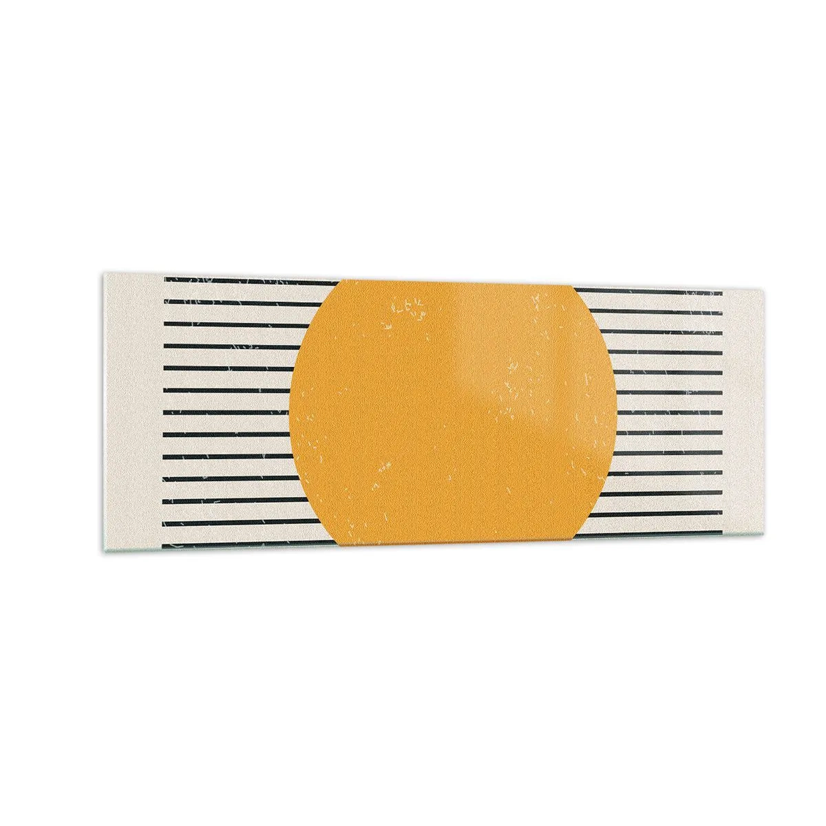 Quadro su vetro - Un cerchio giallo su uno sfondo di linee orizzontali bianche e nere - 140x50cm - La forza della semplicità - Decorazione murale moderna per soggiorno e camera da letto ARTTOR